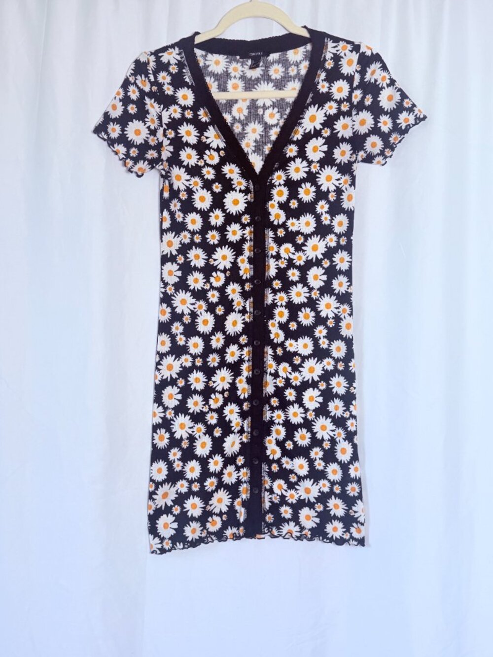 Y2K Daisy Print Ribbed bodycon button up V-Neck Mini Dress Black S